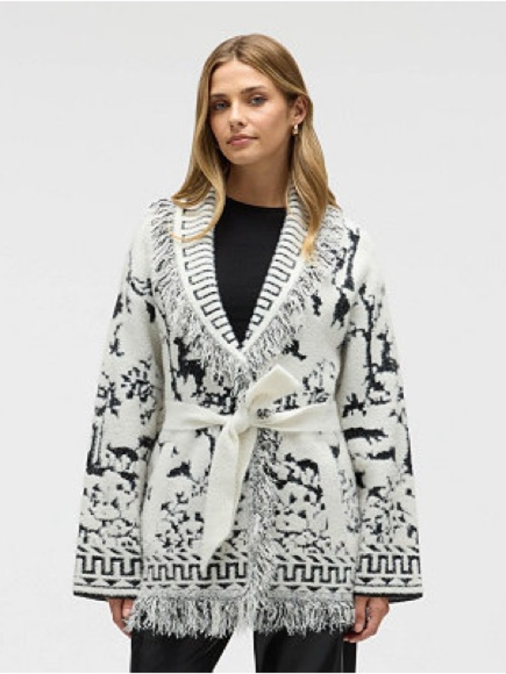 NVLT Black & White Fringe Long Knit Cardigan - Size L (NWT)